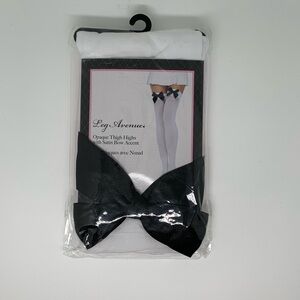 Leg Avenue White Opaque Thigh Highs with Black Bow